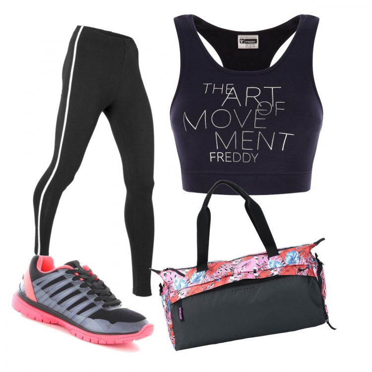 Outfit donna - Urban #4343. Stile Urban per Sport. Abbinamento con leggings, borsone fantasia floreale doppio manico in tessuto tecnico con tracolla removibile, scarpe nero, top nero.