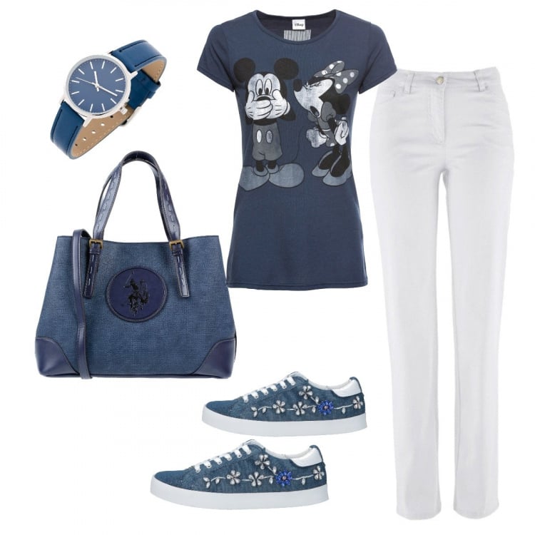 Outfit donna - Oggi c’ è lezione. Stile Basic per Scuola/Università. Abbinamento con pantaloni, maglia con stampa blu, orologio, borsa a mano fantasia taglia media doppio manico interno foderato, sneakers tennis.
