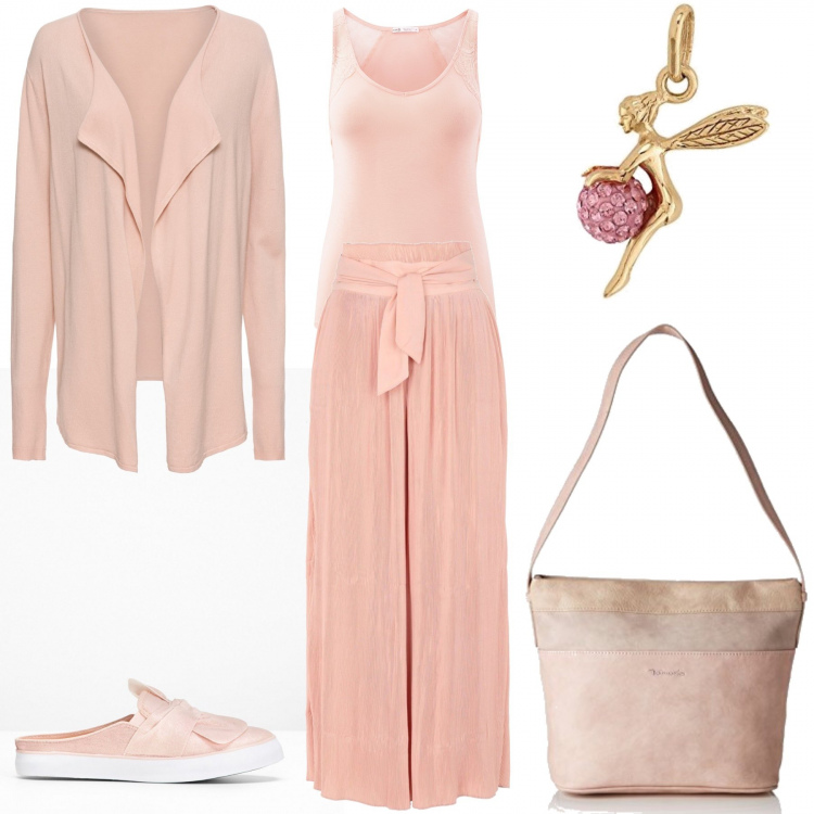 Outfit donna - Leggiadria. Stile Trendy per Ufficio. Abbinamento con cardigans, sabot con nodi rosa, pantalone plissè crêpe, top con pizzo aderente rosa, collane, borsa a spalla rosa.