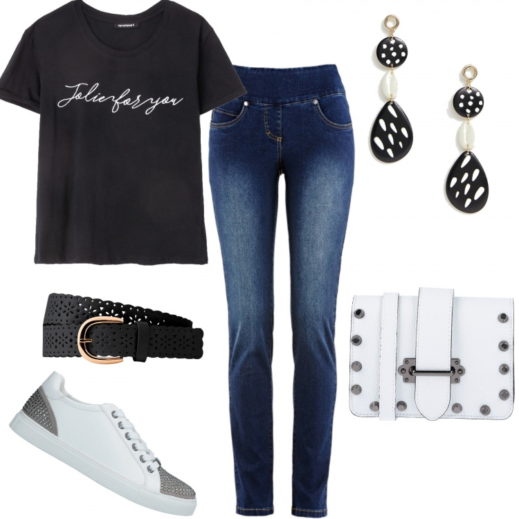 Outfit donna - Imparerai a volare. Stile Basic per Tutti i giorni. Abbinamento con jeans slim fit, cinture, sneakers tennis, borsa a mano petit in pelle martellata tinta unita, t-shirt con ricamo girocollo a maniche corte aderente nero, orecchini.