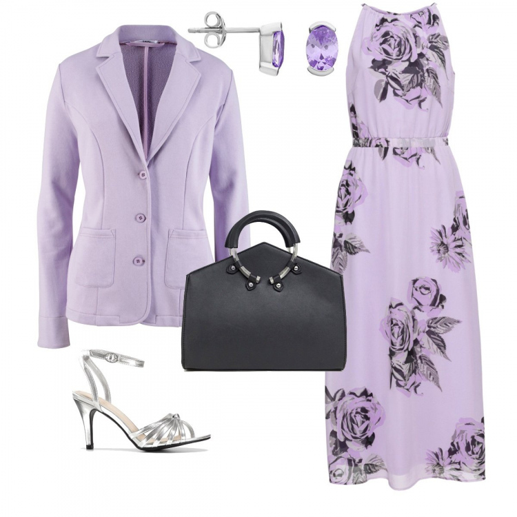 Outfit donna - Sono stata invitata. Stile Bon Ton per Serata fuori. Abbinamento con vestito lungo, blazer jersey, sandali con tacco spillo e fibbia argento, anello forma asimmetrica con manico e zip in denim con tasca interna, orecchini con zirconia in sterling 925 argento.