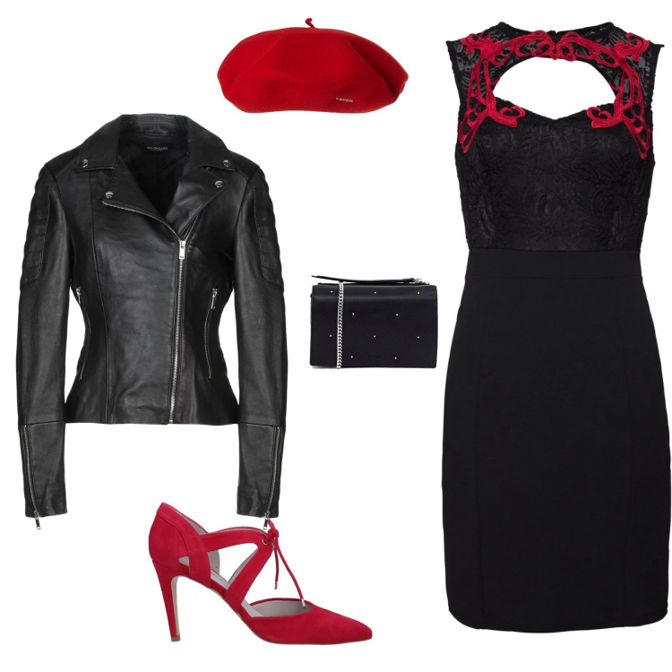 Outfit donna - Dream Parisienne. Stile Trendy per Tutti i giorni. Abbinamento con vestito con pizzo, décolleté effetto scamosciato con tacco spillo a punta tinta unita, giubbotto collo con revers a maniche lunghe con zip interno foderato tinta unita, cappello rosso, portafoglio.