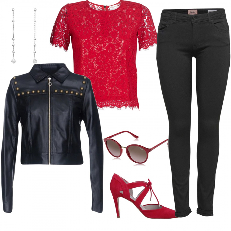 Outfit donna - Rouge-noir. Stile Urban per Tutti i giorni. Abbinamento con décolleté effetto scamosciato con tacco spillo a punta tinta unita, giubbotto in pelle martellata collo classico a maniche lunghe con zip interno foderato tinta unita, camicie, jeans skinny, occhiali da sole rosso, orecchini in argento 925 argento.