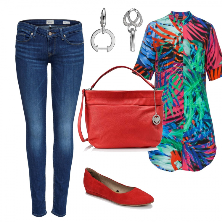 Outfit donna - Saturday. Stile Urban per Tutti i giorni. Abbinamento con camicia lunga fantasia blu, ballerine rosso, jeans in denim blu, borse a spalla, orecchini argento.