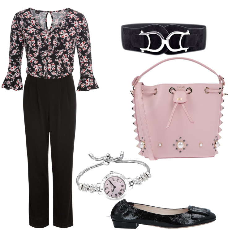 Outfit donna - Aperitivo. Stile Trendy per Serata fuori. Abbinamento con cinture, tuta, ballerine, borsa a mano con strass e borchie con coulisse e manico con tracolla removibile, orologio con cinturino in oro rosa.
