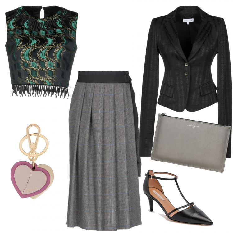 Outfit donna - Love you mum. Stile Bon Ton per Tutti i giorni. Abbinamento con gonna longuette senza tasche a quadri con cinturino interno sfoderato in flanella con pieghe, top fantasia multicolore effetto laminato collo tondo senza maniche interno foderato in raso jacquard, giacca, portachiavi, pochette con logo frontale grigio, stiletti nero.
