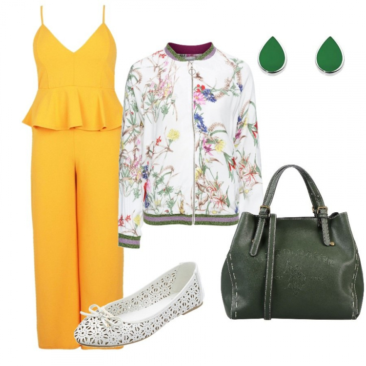 Outfit donna - Primavera fiorita e giallo intenso. Stile Trendy per Tutti i giorni. Abbinamento con camicie, ballerine, borsa con manico taglia media con zip in pelle sintetica tinta unita, tuta lunga con spalline, orecchini a perno con pietra farfallina effetto lucido argento e verde.