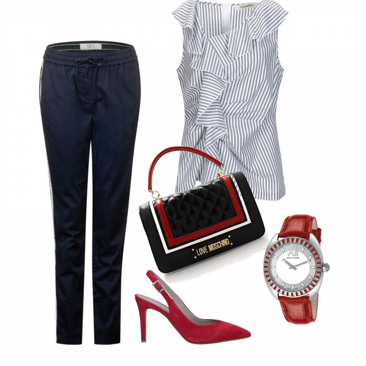 Outfit donna - Un tocco di rosso, puro amore!. Stile Bon Ton per Tutti i giorni. Abbinamento con top a righe con ruches senza maniche con zip elasticizzato, décolleté effetto scamosciato con fibbia a punta tinta unita, pantalone chelsea multicolore e blu, borsa a mano nero, orologio.