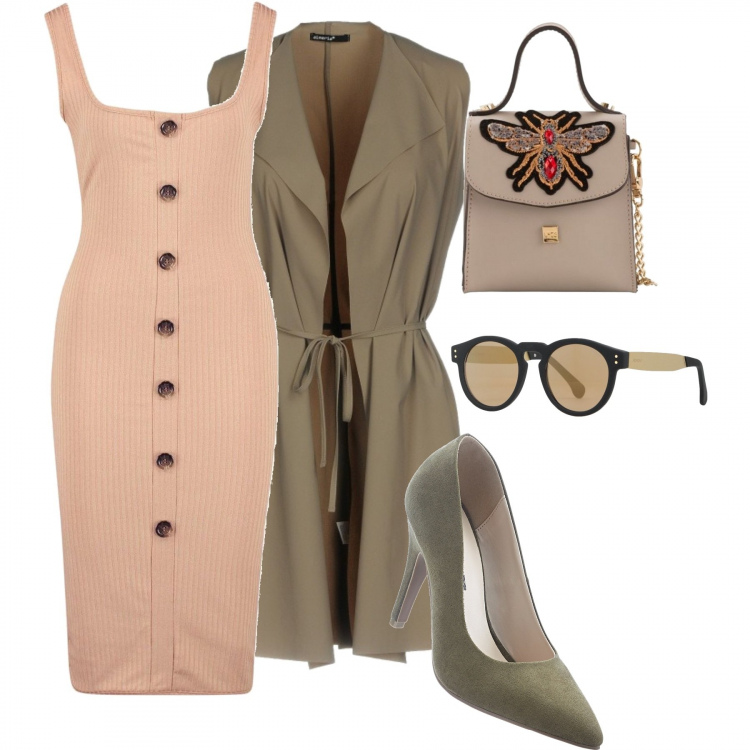 Outfit donna - Burberry style. Abbinamento con décolleté, soprabito con fusciacca scollatura profonda interno sfoderato senza tasche jersey, occhiali da sole lenti sfumate in montatura in metallo tinta unita, vestito midi aderente bianco, borsa a tracolla mini.