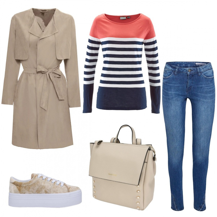 Outfit donna - Ispired. Stile Basic per Tutti i giorni. Abbinamento con maglia a maniche lunghe rosso, giacca effetto scamosciato in pelle sintetica, sneakers, borsa, jeans skinny blu.