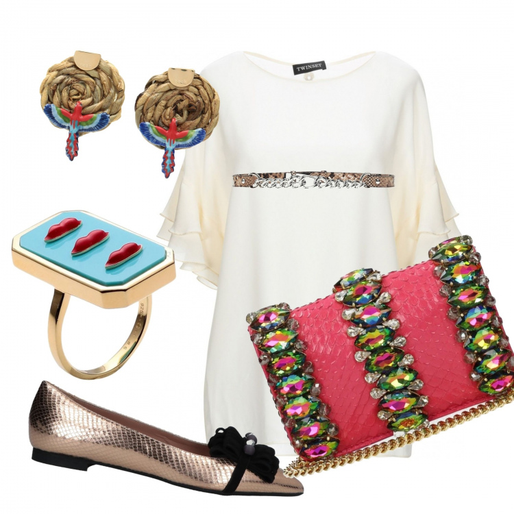 Outfit donna - Urban #4384. Stile Urban per Serata fuori. Abbinamento con blusa con balze effetto laminato collo tondo a maniche corte in seta senza tasche crêpe, cintura con stampa in pelle, ballerine con balze e stampa effetto laminato senza tacco a punta tinta unita, orecchini con farfallina in ottone fatto a mano oro, anello oro e argento, pochette con strass motivo serpente con tracolla removibile rosa.