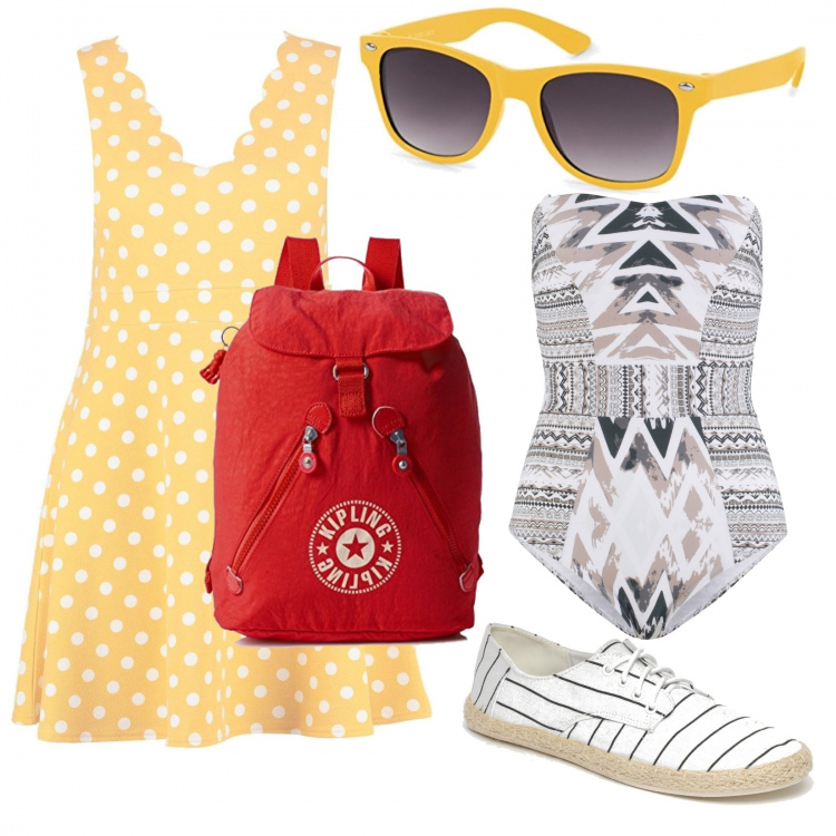 Outfit donna - Urban #4385. Stile Urban per Mare. look ideale per Petite. Abbinamento con costume intero, vestito skater a pois aderente bianco, sneakers a righe con punta tonda bianco e nero, occhiali da sole grigio, zaino con fibbia rosso.