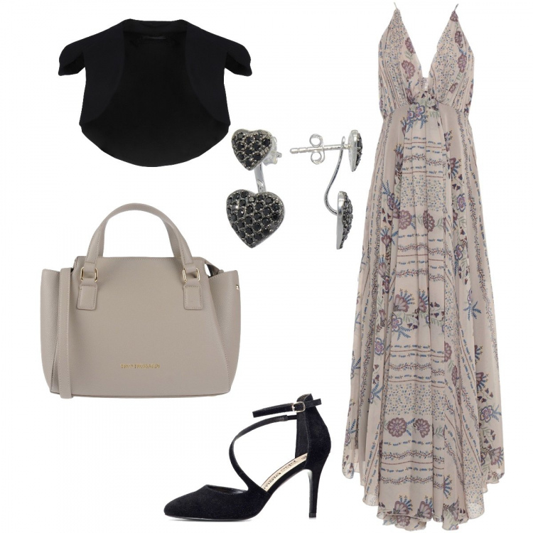 Outfit donna - Vestito lungo. Stile Trendy per Serata fuori. look ideale per Tall. Abbinamento con décolleté pumps con cinturino nero, vestito lungo fantasia floreale scollatura profonda con zip interno foderato in raso, blazer, borsa a mano in pelle martellata taglia media con zip interno foderato tinta unita, orecchini pendenti in sterling 925 argento.