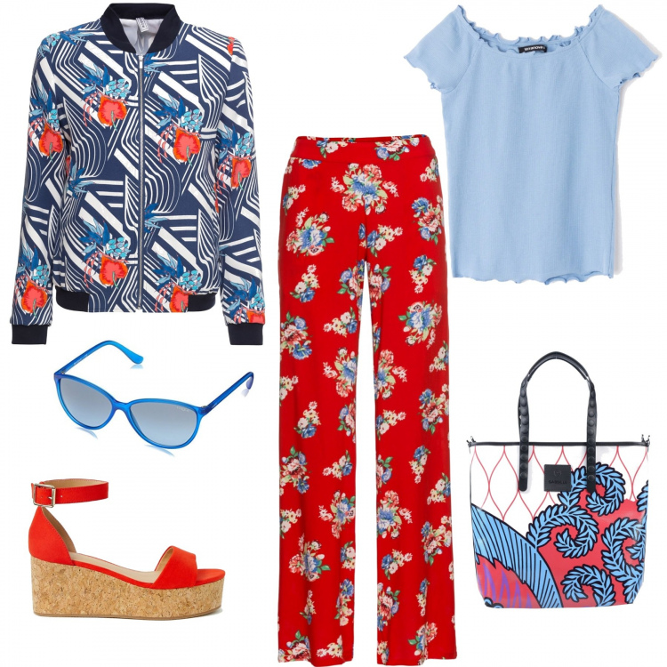 Outfit donna - - mix & match. Stile Trendy per Tutti i giorni. Abbinamento con pantalone, giubbotto, borse a mano, t-shirt a coste con spalle scoperte a maniche corte tinta unita, sandali flatform contrasto collo aperto arancione, occhiali da sole blu.