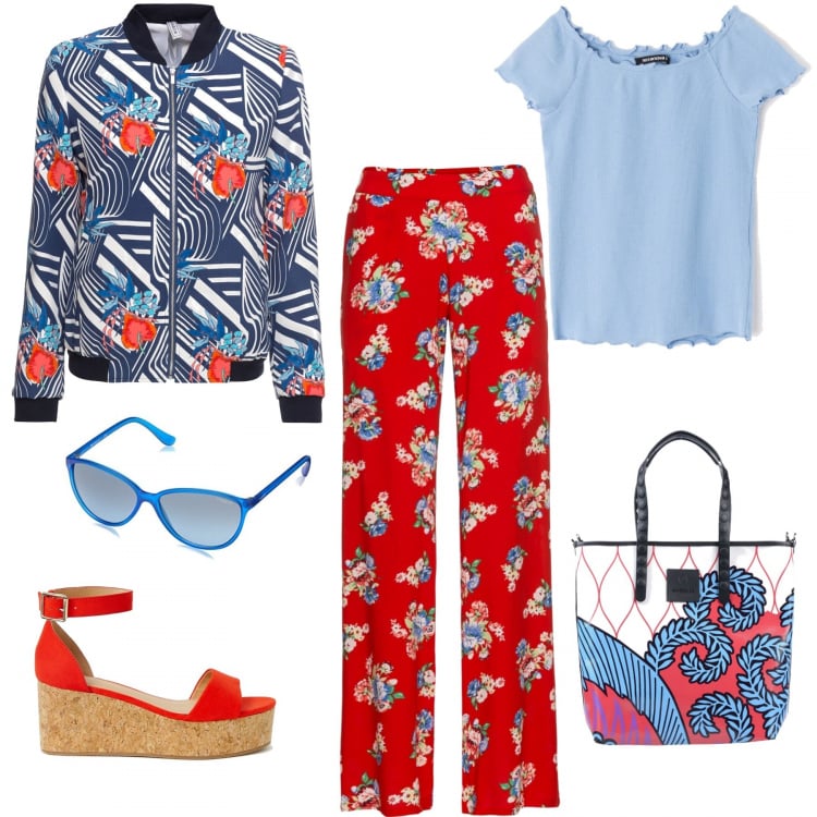 Outfit donna - - mix & match. Stile Trendy per Tutti i giorni. Abbinamento con pantalone, giubbotto, borse a mano, t-shirt a coste con spalle scoperte a maniche corte tinta unita, sandali flatform contrasto collo aperto arancione, occhiali da sole blu.