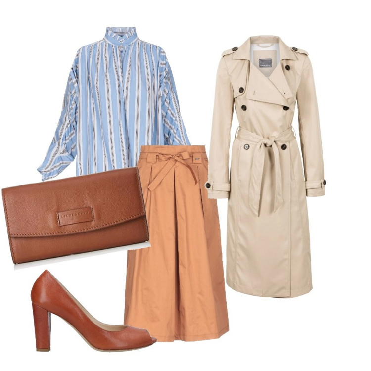 Outfit donna - Burberry styly. Stile Bon Ton per Tutti i giorni. Abbinamento con trench doppiopetto con spalline beige, blusa a righe collo alto a maniche lunghe in cotone con bottoni, décolleté open toe in pelle tinta unita, gonna longuette a ruota con cintura e zip interno sfoderato in cotone tinta unita, clutch.