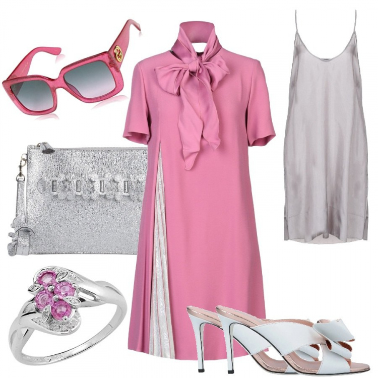 Outfit donna - Mamma bon ton. Stile Bon Ton per Cerimonia. Abbinamento con vestiti corti, sandali con fiocco e punta tonda tinta unita, sottoveste collo a v interno sfoderato in raso tinta unita, borsa a mano mini con manico in pelle martellata con zip tinta unita, occhiali da sole rosa, anello in argento 925 rosa.