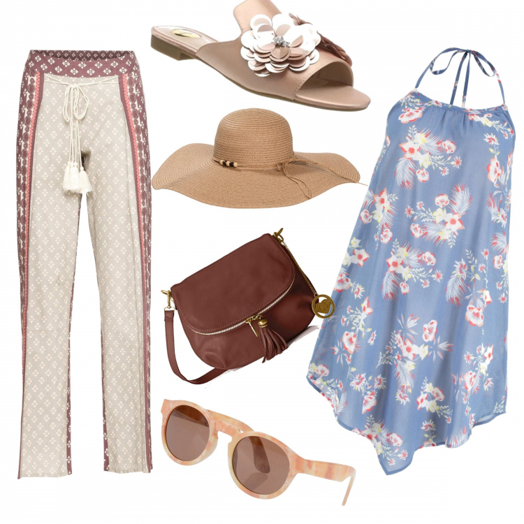 Outfit donna - Shekerata #23. Stile Trendy per Tutti i giorni. Abbinamento con copricostume forma svasata blu, pantalone fantasia beige, cappello in paglia, occhiali da sole fantasia multicolore montatura in plastica, ciabatte effetto satinato beige e rosa, shopping bag marrone.