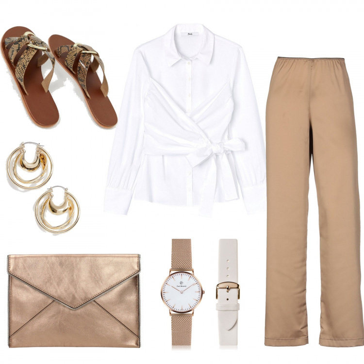 Outfit donna - Nude and fresh. Stile Trendy per Tutti i giorni. Abbinamento con pantaloni, pochette, camicia a portafoglio colletto punta con bottoni bianco, sandali motivo serpente, orologio analogico con cinturino in acciaio inox bianco, completo petite in denim.