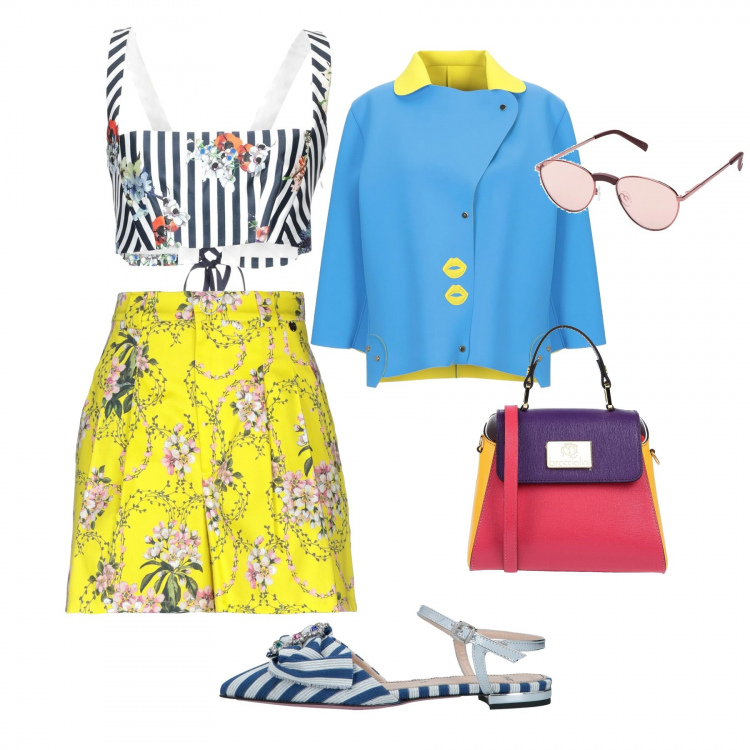Outfit donna - Mix&match. Abbinamento con giacca senza tasche contrasto collo classico a maniche 3/4 interno sfoderato tinta unita, shorts fantasia floreale vita alta con zip e tasche, ballerine con strass a righe senza tacco a punta jacquard, top, borsa a mano mini con manico fantasia multicolore interno foderato con tracolla removibile, occhiali da sole.