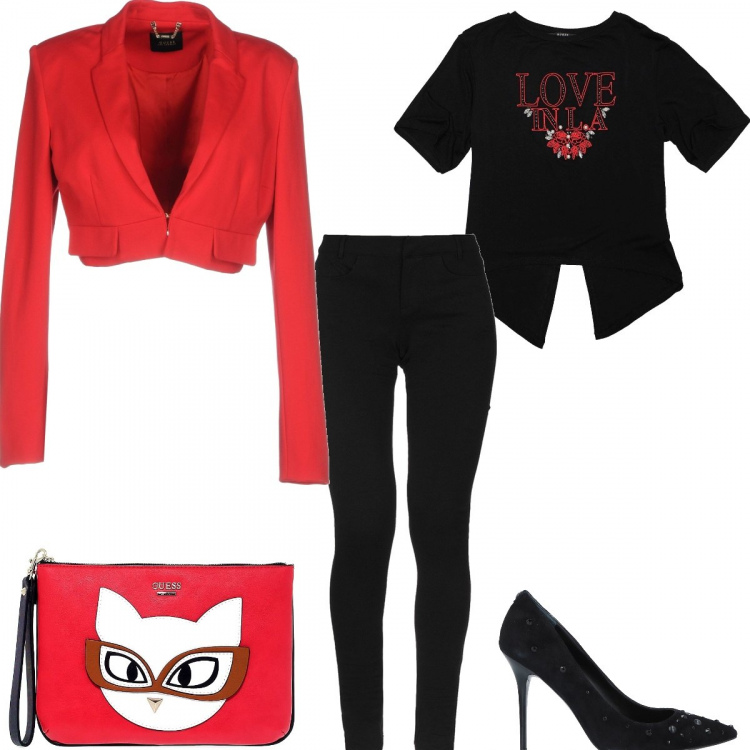 Outfit donna - By Guess#Gattina innamorata. Stile Sexy per Serata fuori. Abbinamento con décolleté, pantalone vita bassa con zip jersey, giacca senza tasche collo con revers a maniche lunghe interno foderato jersey, t-shirt nero, pochette rosso.