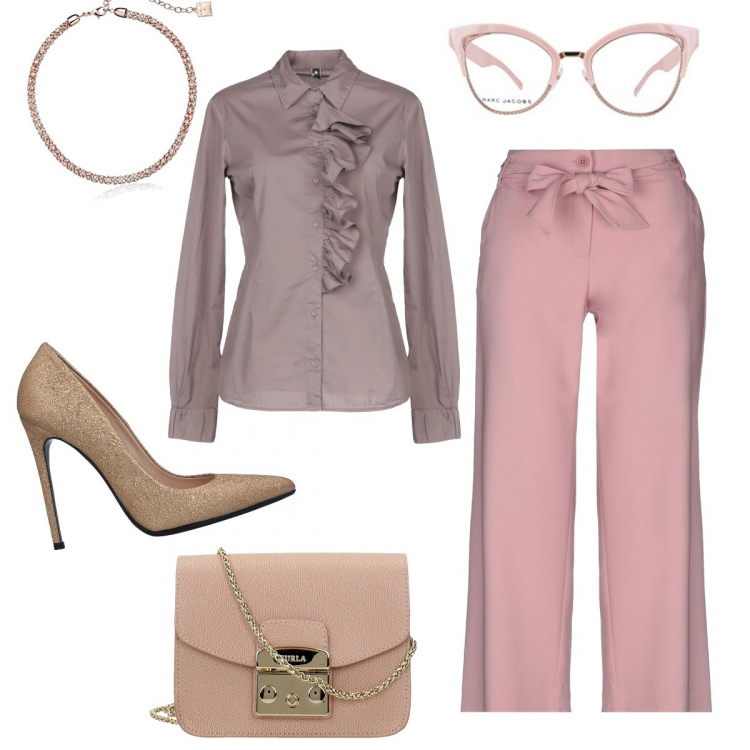 Outfit donna - Burberry low cost mode. Stile Bon Ton per Ufficio. Abbinamento con pantalone, blusa senza tasche con ruches collo classico a maniche lunghe tinta unita, décolleté effetto laminato a punta tinta unita, borsa a tracolla con logo frontale rosa, montatura occhiali rosa, collana.