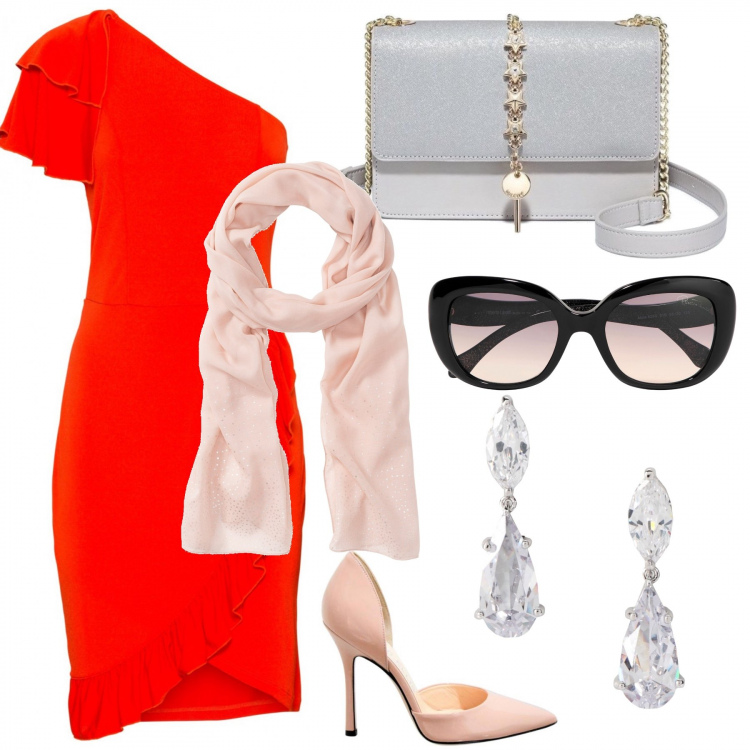 Outfit donna - Red Love. Stile Chic per Cerimonia. Abbinamento con vestito con volant rosso, sciarpina, occhiali da sole lenti sfumate tinta unita, orecchini, borsa a tracolla multicolore, décolleté effetto vernice.