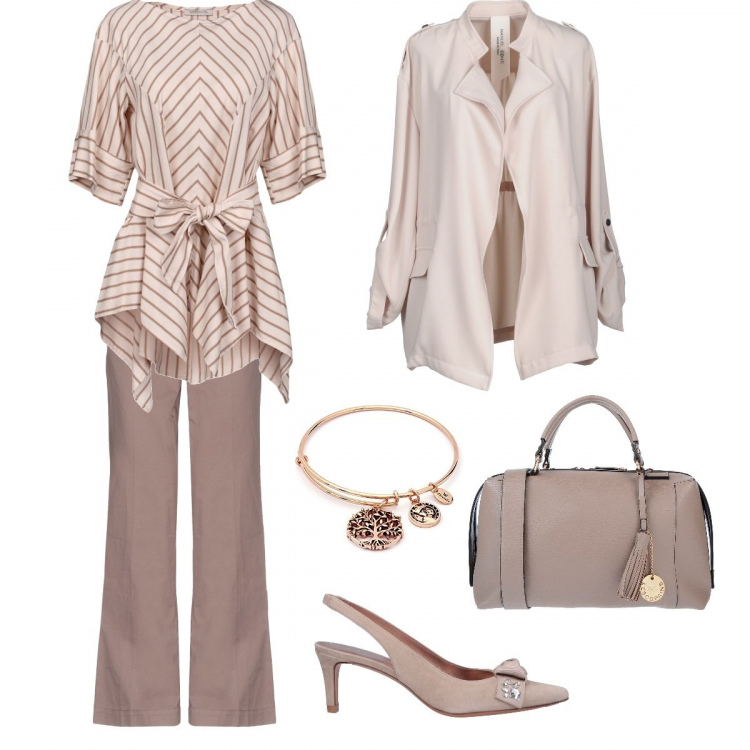 Outfit donna - Ti regalo un bracciale. Stile Bon Ton per Tutti i giorni. Abbinamento con blusa, pantalone con zip tinta unita, giacca collo coreana a maniche lunghe con coulisse interno sfoderato crêpe, décolleté con fiocco e strass effetto scamosciato a punta tinta unita, borsa taglia media con zip in pelle sintetica tinta unita blu, bangle rosa.