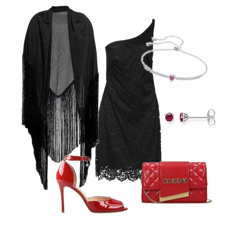Outfit donna - Il rosso e il nero. Stile Chic per Serata fuori. Abbinamento con vestito corto a tubino con pizzo e zip interno foderato monospalla tinta unita, sciarpa in raso, décolleté effetto vernice con tacco spillo e cinturino open toe tinta unita, pochette con tracolla removibile rosso, orecchini, bracciale rosso.