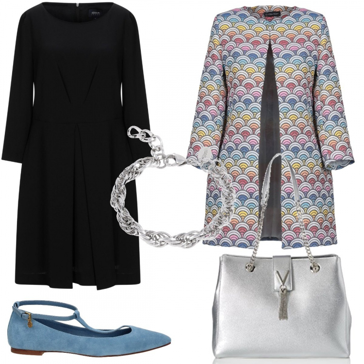 Outfit donna - La festa della mamma. Stile Chic per Serata fuori. Abbinamento con cappotto fantasia multicolore effetto acetato collo tondo a maniche lunghe interno foderato jacquard, vestito corto, ballerine, bracciale, borsa a spalla argento.