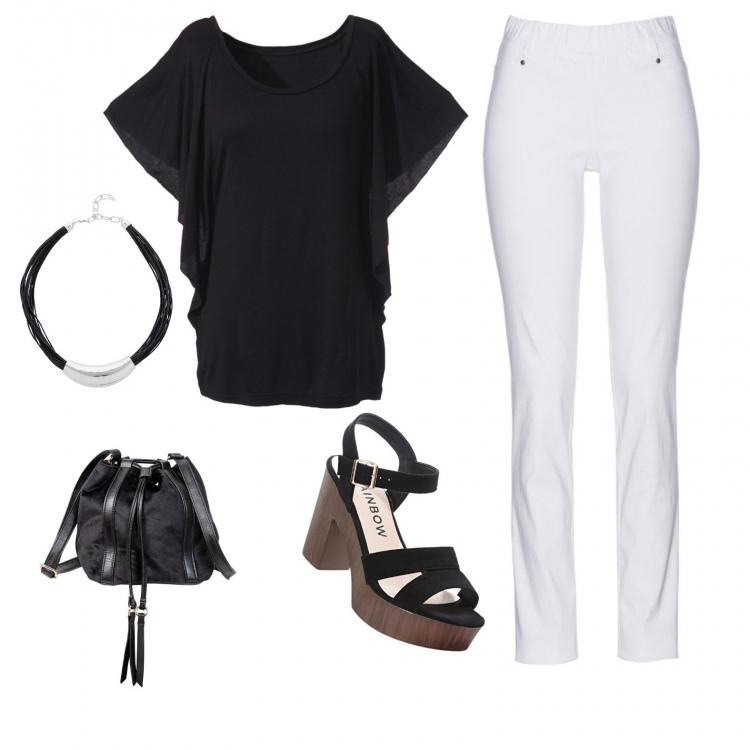 Outfit donna - Bianco e nero. Abbinamento con pantaloni, maglia con scollo a maniche corte con pieghe, sandali col tacco, cardigans, collier.