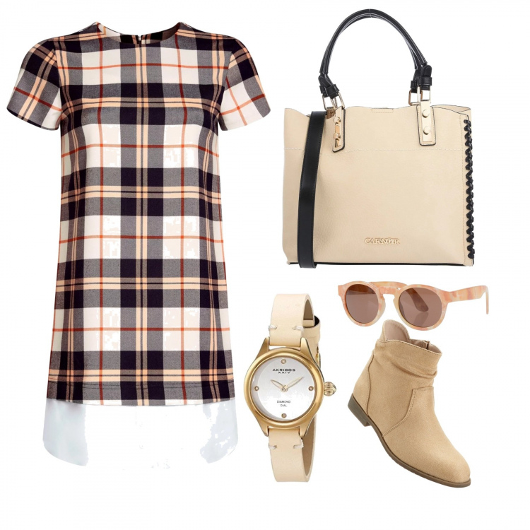 Outfit donna - A scuola. Stile Urban per Scuola/Università. Abbinamento con vestiti, borsa a mano fantasia taglia media a scatto interno sfoderato in pelle sintetica con tracolla removibile, occhiali da sole fantasia multicolore montatura in plastica, vestito taglio dritto aderente blu, orologio analogico con cinturino.