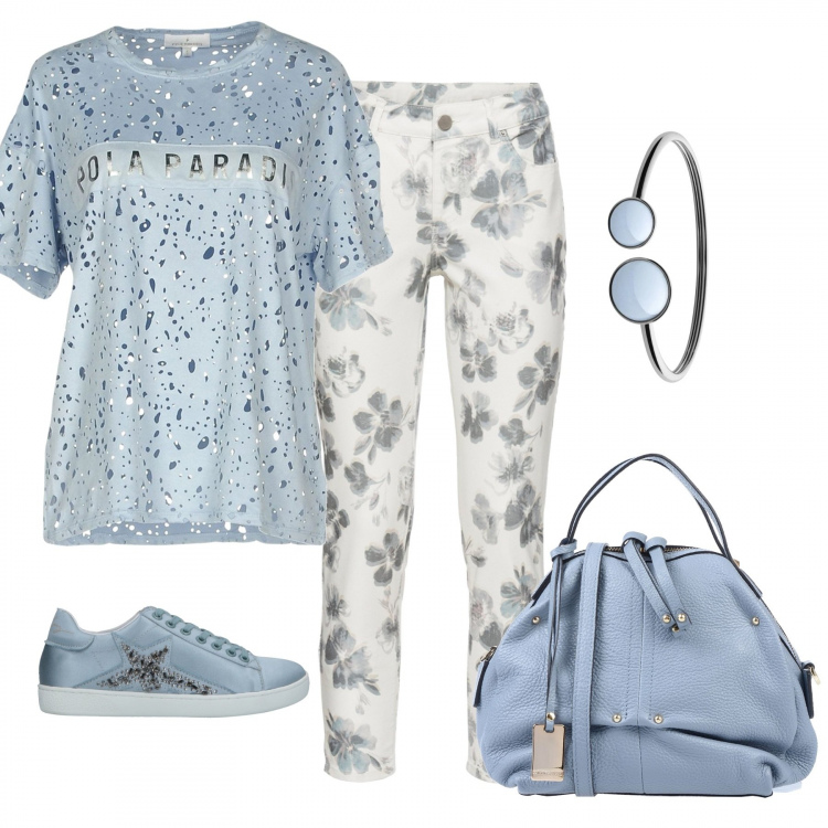 Outfit donna - Polvere. Stile Trendy per Scuola/Università. Abbinamento con pantaloni capri, t-shirt senza tasche con stampa traforato collo tondo a maniche corte jersey, sneakers tennis, borsa a mano in pelle martellata taglia media con zip interno foderato in pelle tinta unita, bracciale.