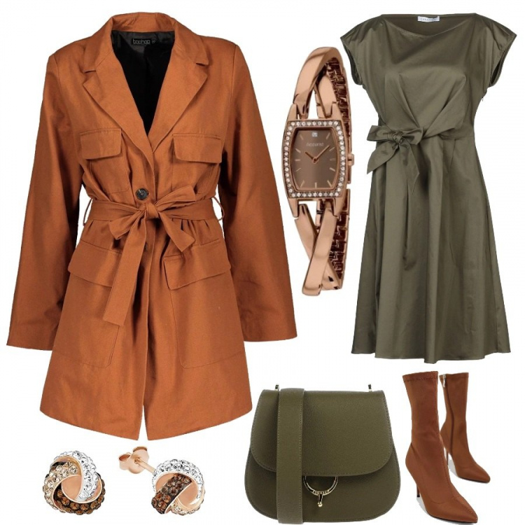 Outfit donna - The best British look. Stile Trendy per Tutti i giorni. Abbinamento con vestito corto a trapezio collo tondo a maniche corte con zip interno sfoderato tinta unita, borsa a mano mini con zip interno foderato in pelle sintetica tinta unita, giacca con cintura wrap, stivaletti contrasto con zip a punta, orologio analogico in oro rosa, orecchini multicolore.