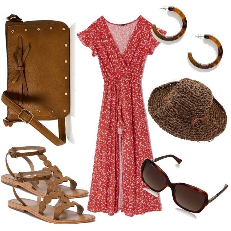 Outfit donna - Balze country. Stile Basic per Tutti i giorni. Abbinamento con vestito lungo con spacco fantasia floreale scollo profondo a maniche corte rosso, sandali effetto scamosciato con fibbia e punta tonda cammello, borsa a tracolla marrone, cappello collo aperto in paglia con orlo marrone, occhiali da sole marrone, orecchini farfalla in denim.