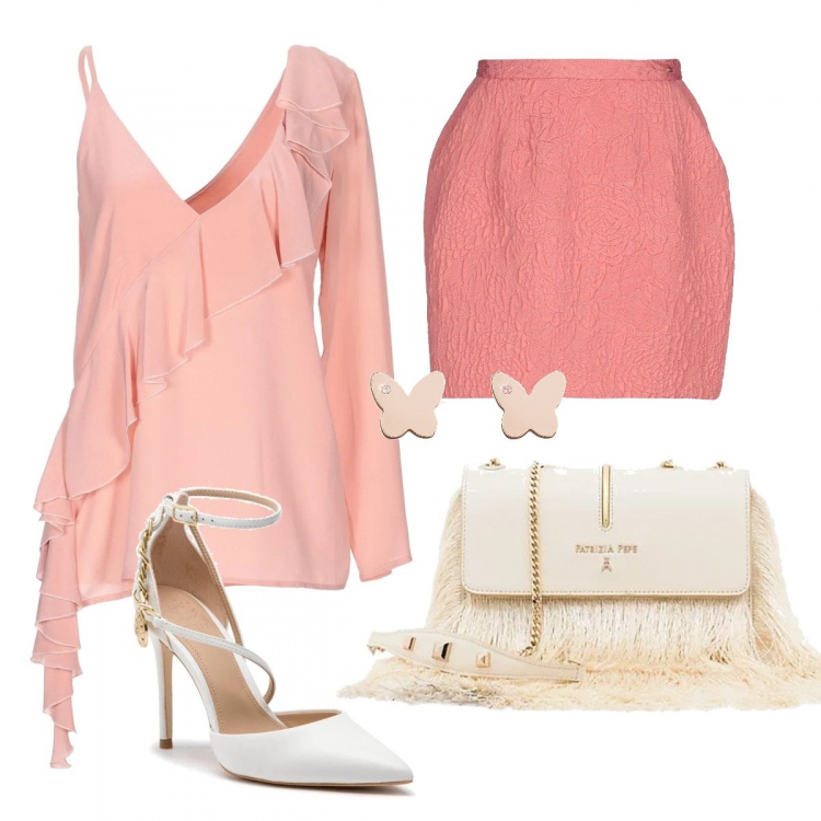 Outfit donna - Elegante. Stile Bon Ton per Cerimonia. Abbinamento con top, gonna jacquard, orecchini farfalla, borsa a tracolla, décolleté.