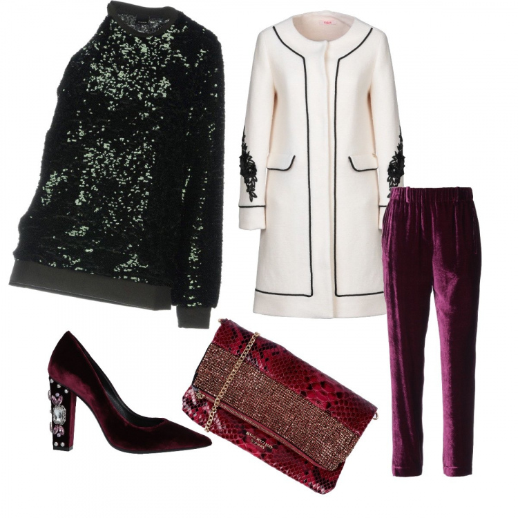 Outfit donna - Polvere di stella. Stile Chic per Cerimonia. Abbinamento con top, pantaloni, cappotti, décolleté con strass e tacco squadrato a punta in velluto tinta unita, borse a tracolla.