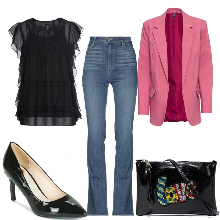 Outfit donna - Serata in compagnia. Stile Trendy per Serata fuori. look ideale per Petite. Abbinamento con blusa con volant e scollo, blazer rosa, jeans delavé vita alta con zip tinta unita, scarpe nero, borsa a tracolla con strass fantasia effetto vernice con zip.