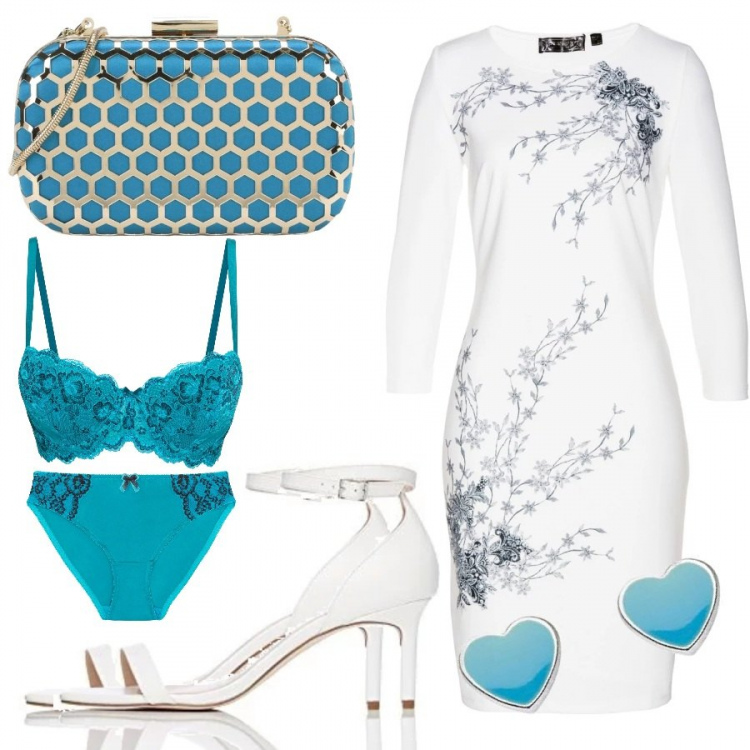 Outfit donna - Blue Mix&Match. Stile Chic per Ufficio. Abbinamento con reggiseno a balconcino, vestito con stampa jersey bianco, slip, borsa a mano petit a scatto interno foderato in raso tinta unita, orecchini a perno argento, sandali effetto lucido con cinturino bianco.