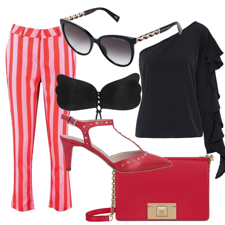 Outfit donna - Monospalla con un tocco red. per Ufficio. Abbinamento con top monospalla con ruches scollatura profonda in raso senza tasche tinta unita, décolleté con tacco spillo e fibbia interno in pelle a punta tinta unita, occhiali da sole a gatto lenti sfumate effetto acetato montatura in plastica, pantalone a righe, reggiseno, borsa a tracolla mini.