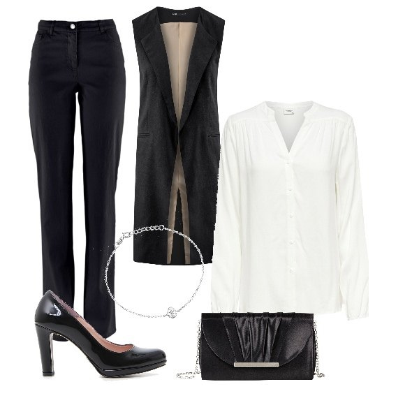 Outfit donna - Chic #7036. Stile Chic per Ufficio. Abbinamento con pantaloni, pochette effetto satinato, camicie, scarpe nero, gilet nero, bracciale in argento 925 argento.
