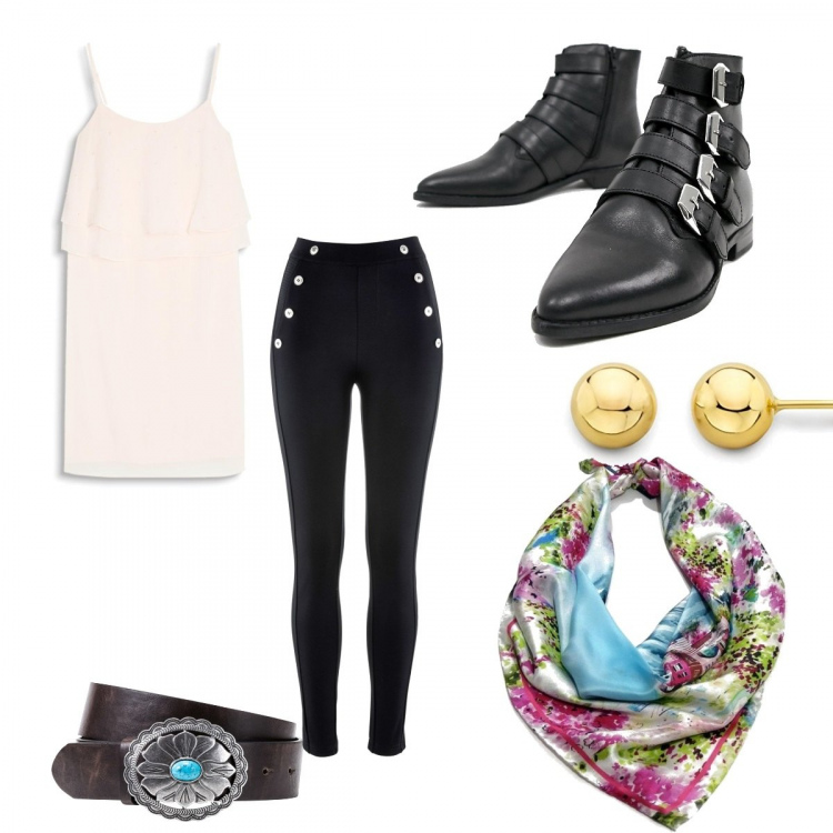 Outfit donna - Urban #4412. Stile Urban per Serata fuori. Abbinamento con leggings, cinture, foulard, stivaletti, orecchini in oro giallo certificato autenticità, vestito rosa.