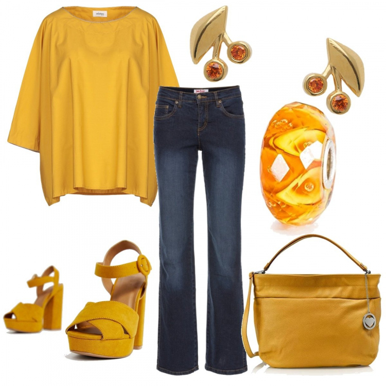 Outfit donna - Giallo senape. Stile Basic per Tutti i giorni. Abbinamento con jeans dritti, blusa senza tasche collo tondo in cotone tinta unita, orecchini, sandali con tacco e plateau, shopping bag giallo, braccialetto in con murano.