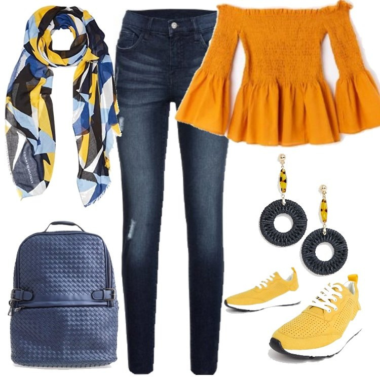Outfit donna - Senape e denim. Stile Basic per Tutti i giorni. Abbinamento con jeans strappati, blusa a zampa con scollo tinta unita giallo, sneakers, sciarpa con stampa blu, zaino con manico e zip, orecchini pendenti farfalla collo aperto in denim forma intrecciata oro.