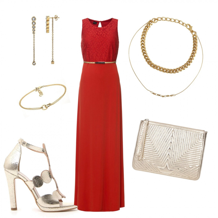 Outfit donna - Matrimonio. Stile Chic per Cerimonia. look ideale per Petite. Abbinamento con maglieria, collana con strass in ottone con gancio maglia, pochette con manico e zip in pelle oro, sandali, orecchini a pendolo oro, braccialetti.