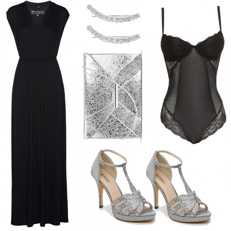 Outfit donna - Sparkling night. Stile Sexy per Serata fuori. Abbinamento con vestiti lunghi, body con pizzo effetto lucido nero, sandali interno in pelle con punta tonda argento, borsa, orecchini in argento 925.