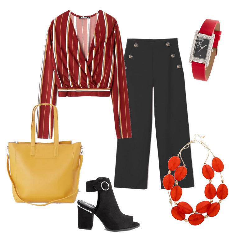 Outfit donna - La borsa gialla. Stile Trendy per Tutti i giorni. Abbinamento con collier, orologio, pantalone wide leg con bottoni nero, blusa a righe con scollo a maniche lunghe crop, sabot nero, shopping bag con zip in ecopelle tinta unita giallo.