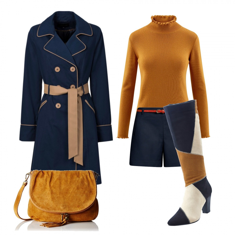 Outfit donna - Il dolcevita senape. Stile Urban per Tutti i giorni. Abbinamento con trench, stivali, pantalone corto con cintura aderente blu, maglione con balze girocollo aderente arancione, borsa a tracolla made italy effetto scamosciato.