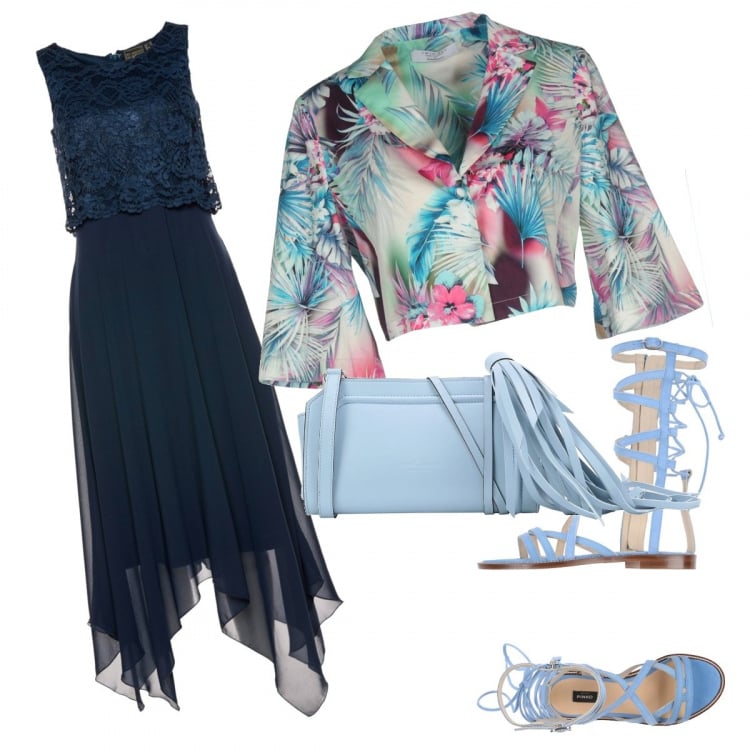 Outfit donna - Matrimonio in spiaggia. Stile Chic per Cerimonia. Abbinamento con vestiti midi/longuette, giacca senza tasche fantasia floreale collo con revers interno sfoderato monopetto, sandali, borsa a mano mini interno foderato con nappine.