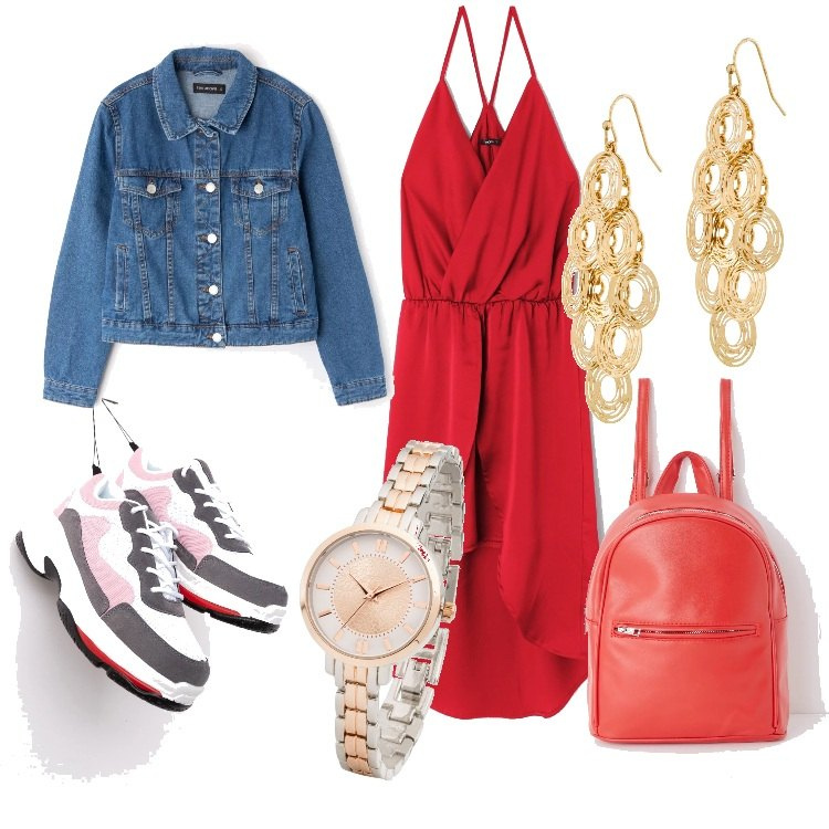 Outfit donna - Casual in red. Stile Urban per Tutti i giorni. Abbinamento con orologio, orecchini oro, vestito mini con spacco e scollo tinta unita rosso, sneakers da ginnastica rosa, zaino con manico e zip in ecopelle tinta unita rosso, giacca in denim blu.